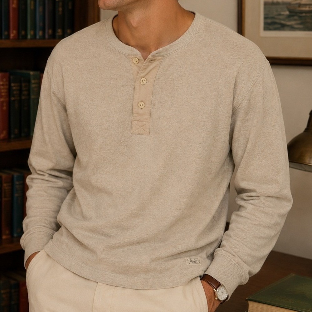 Vintage Polo Ralph Lauren Large Henley Shirt Cotton Linen Long Sleeve Ribbed